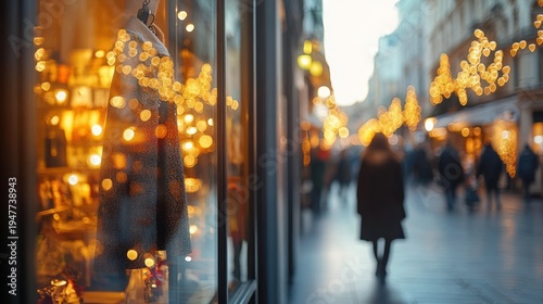coat in a shop window on a city shopping street at dusk, warm bokeh lights and blurred pedestrians creating a cozy festive atmosphere