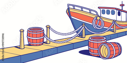 A boat is docked at a pier with barrels Vector