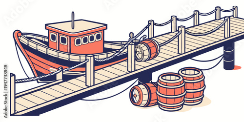 A small red boat docked at a pier with a barrel Vector