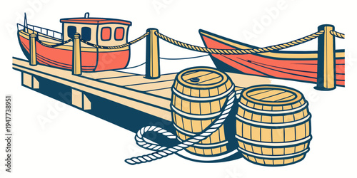 A dock with a boat and two barrels Vector