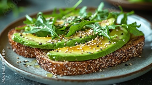 Sliced avocado on multigrain seeded toast with arugula, mixed black and white sesame seeds and olive oil drizzle — fresh, vibrant and appetizing breakfast on a ceramic plate