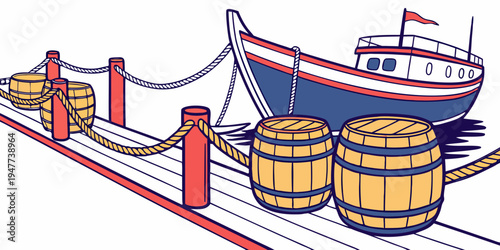 A boat with barrels on the dock by the sea Vector