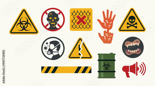 Collection of warning signs and symbols representing danger, biohazard, radiation, and hazardous materials.