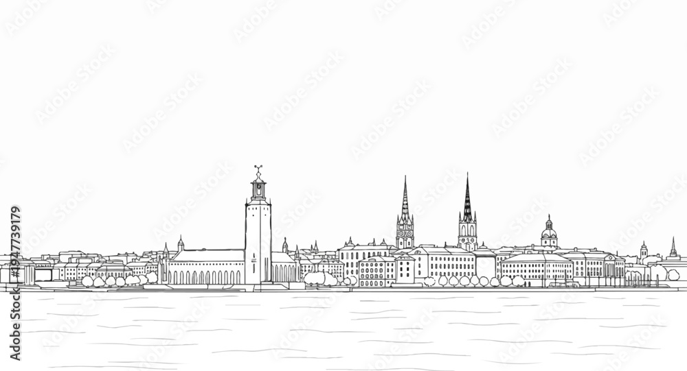 Naklejka premium Stylized black and white line drawing of a city skyline across water