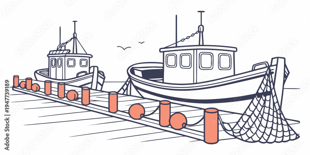 Naklejka premium A fishing boat is moored at a dock with orange buoys Vector