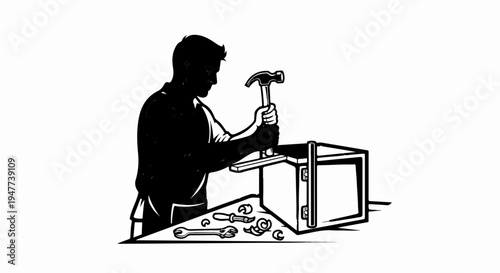Silhouette of a craftsman using a hammer to assemble a wooden structure
