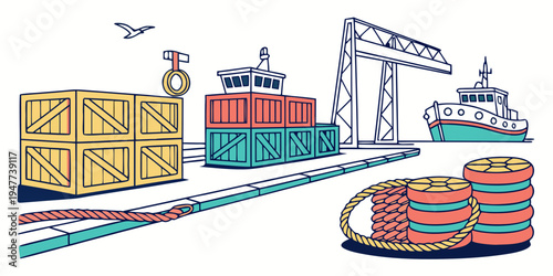 Cargo containers and barrels on a dock Vector