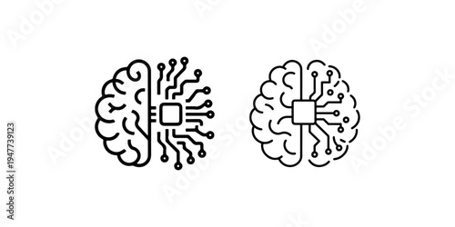 Artificial intelligence brain concept vector set with human anatomy and digital circuit lines representing machine learning and cognitive computing power