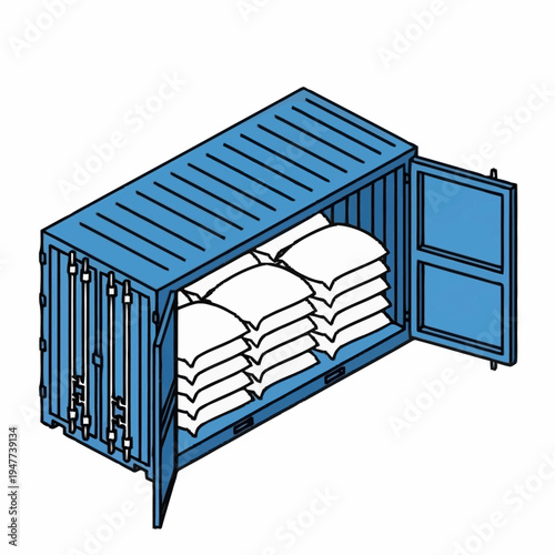 A blue shipping container filled with stacks of white sacks, with its doors open.