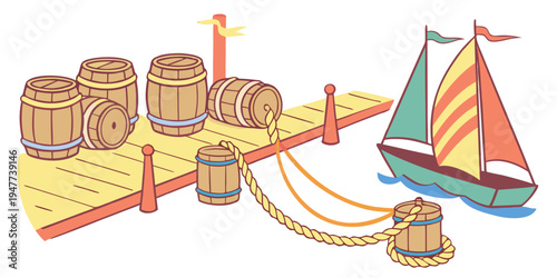 A colorful sailboat with barrels on a dock Vector