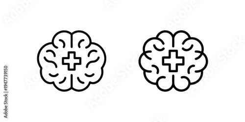 Medical brain icon vector flat design, medicine brain with plus sign symbol, neural health line art logo, healthy mind simple outline illustration