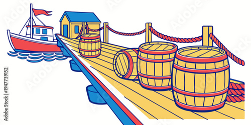 A boat is docked next to a pier with barrels Vector