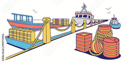 A fishing boat and piles of lobster traps on a dock Vector