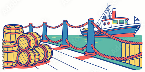 A ship is docked next to some wooden barrels Vector