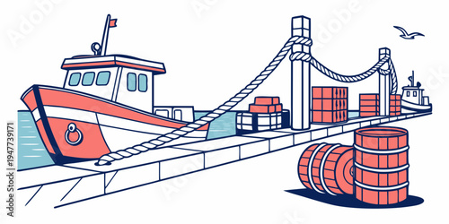 A cargo ship loading containers onto a dock Vector