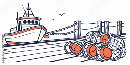 A fishing boat with crab pots on the side Vector