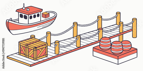 A cartoon boat is unloading a crate and coils onto a dock Vector