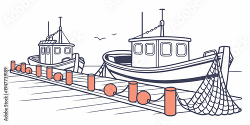 A fishing boat is moored at a dock with orange buoys Vector