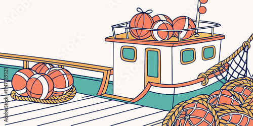 A small fishing boat with fishing nets and buoys on the deck Vector