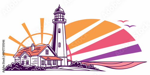 A lighthouse with a colorful sun behind it Vector