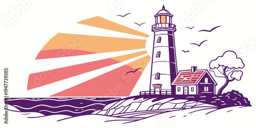 A lighthouse on a rocky coastline at sunset Vector