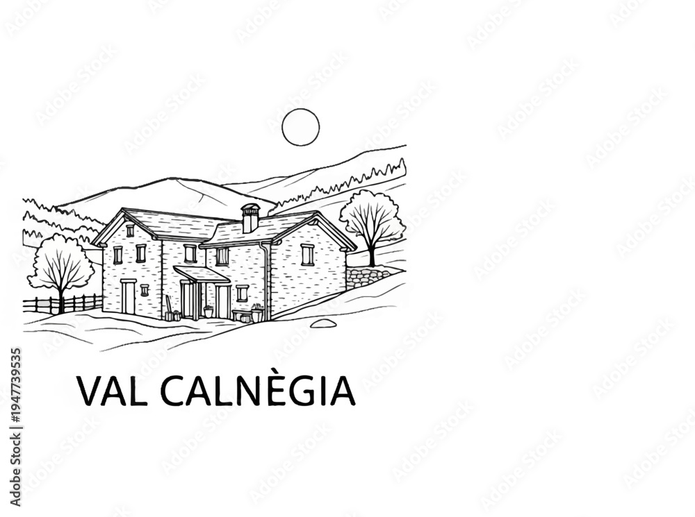 Naklejka premium Stone farmhouse nestled in rolling hills under a bright sun