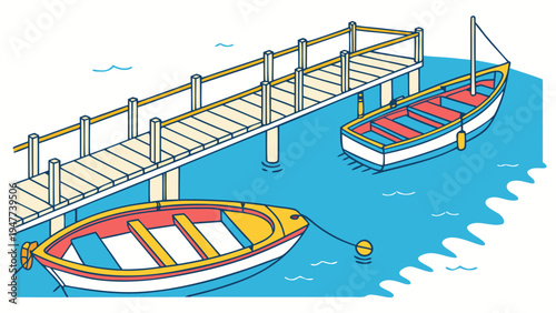 Two boats are docked at a pier in the water Vector