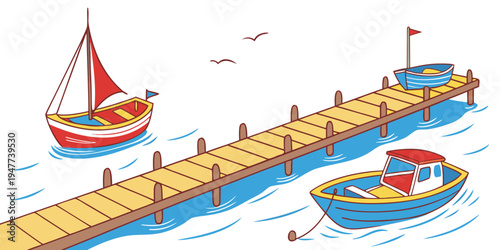 A wooden pier with two sailboats on the water Vector