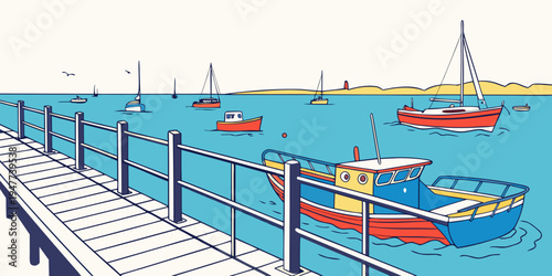 A colorful illustration of boats docked at a pier Vector