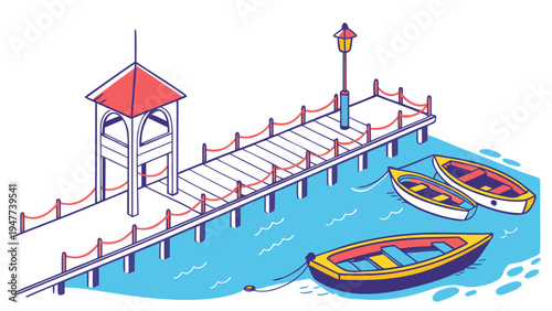 A pier with a gazebo and two boats on the water Vector