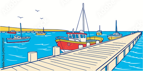 A red boat sitting on a dock in the water Vector