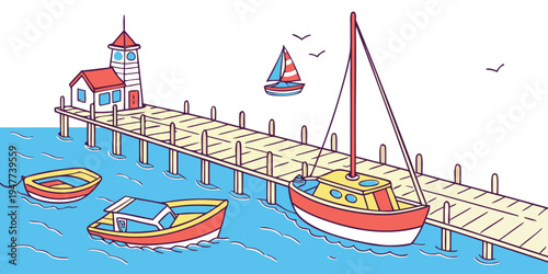 A red and white sailboat on a dock with a lighthouse Vector