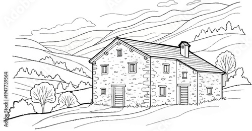 Stone farmhouse nestled in rolling hills with trees and winding paths