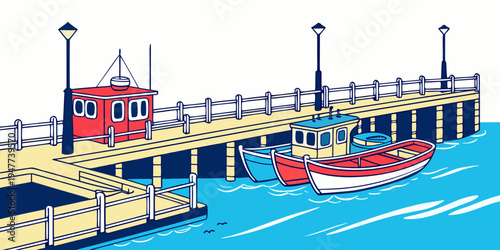 A red and white boat sitting on a dock Vector