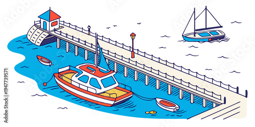 A colorful boat is docked at a pier with a sailboat nearby Vector