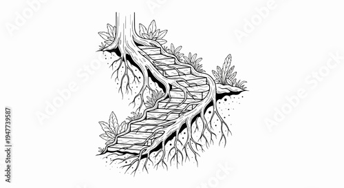 Stone steps intertwined with tree roots and foliage