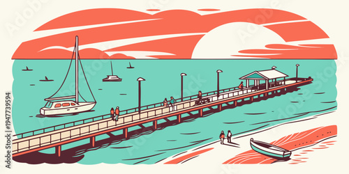 A large ship is docked at a pier near a sailboat Vector