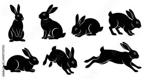 Collection of black rabbit silhouettes in various poses, showcasing their natural movements and forms.
