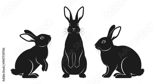 Three black rabbit silhouettes in various poses, showcasing their distinct forms.