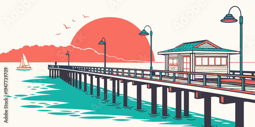 A pier with a building and street lamps at sunset Vector