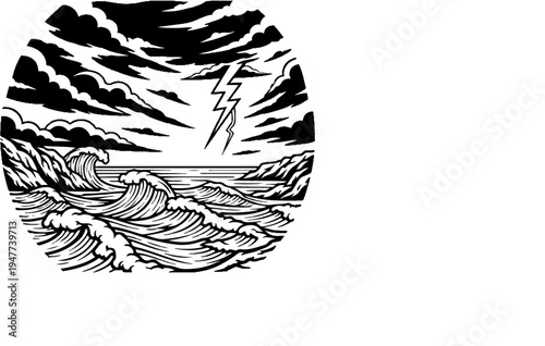 Stormy seas crash against rocky shores under a lightning-streaked sky