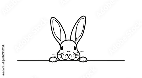 Cute Bunny Peeking Over Line Minimalist Black and White Illustration.