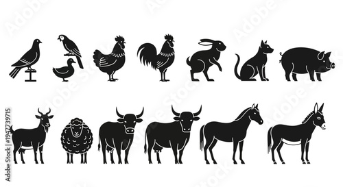 Collection of various farm and wild animals in silhouette form.