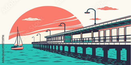 A pier with a sailboat in the distance at sunset Vector