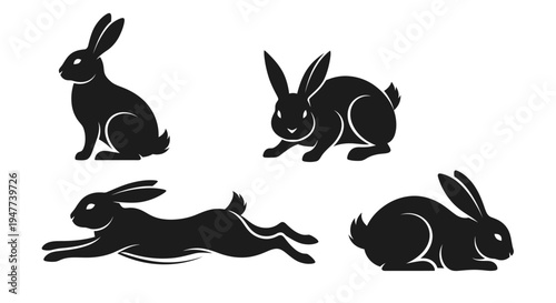 Collection of black rabbit silhouettes in various poses, showcasing their natural movements and forms.