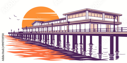 A pier with a building on it at sunset Vector