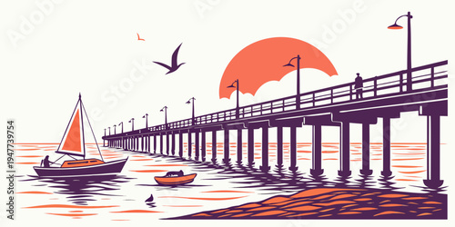 A pier with boats and a sun overhead Vector