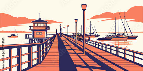 A pier with a light post and boats in the water Vector