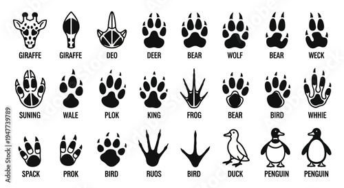 Collection of various animal paw prints and bird tracks in black and white.