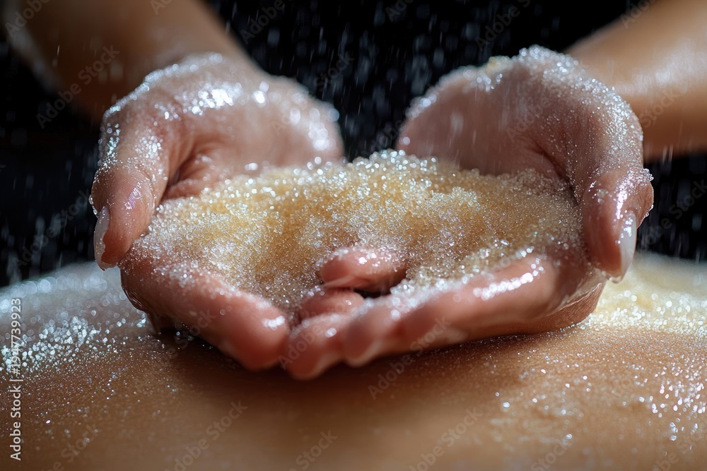 Fototapeta premium Cupped hands holding glistening brown sugar scrub over bare back with falling water droplets, conveying soothing indulgent spa relaxation